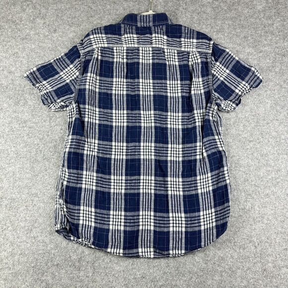 TreVero Shirt Mens Large Blue White Plaid Linen Short Sleeve Button Up Casual - Picture 4 of 10